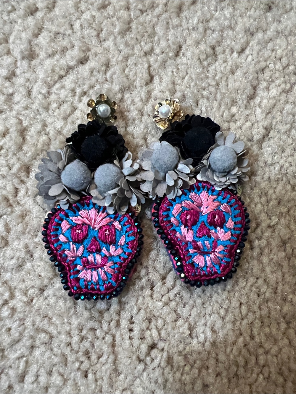 Handmade Skull Floral Embroidered Earrings -Day of the Dead - Dia de Muertos